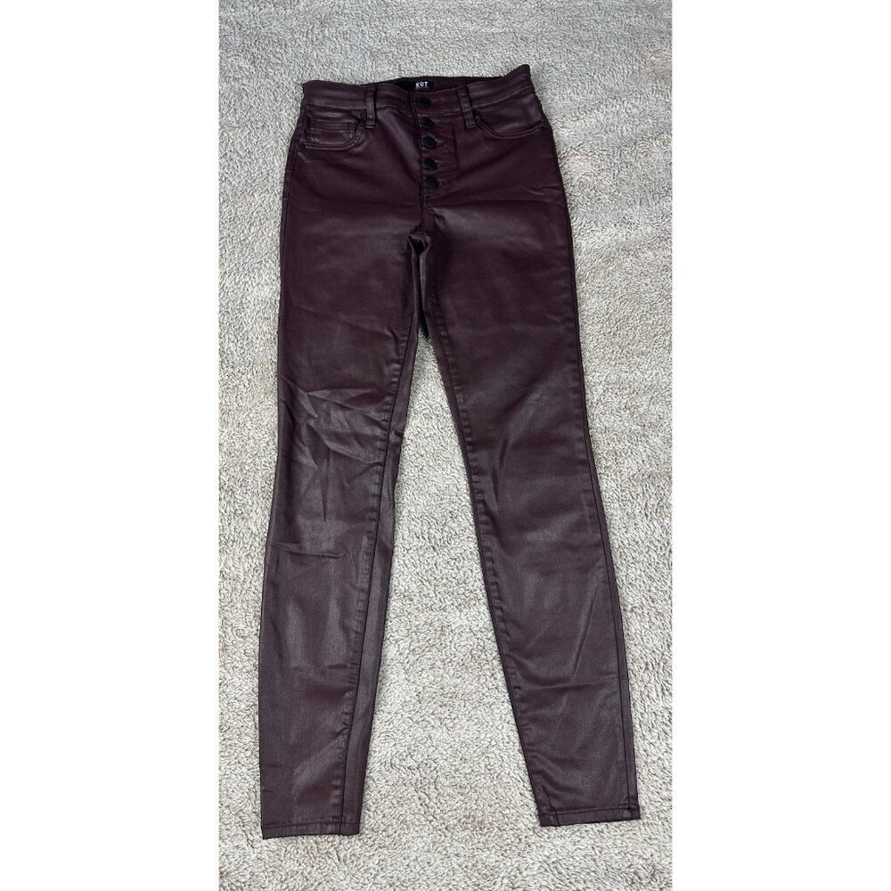 Kut from the Kloth Mia High Rise Skinny Wet Look Bordeaux Jeans Size 0 - Picture 3 of 16